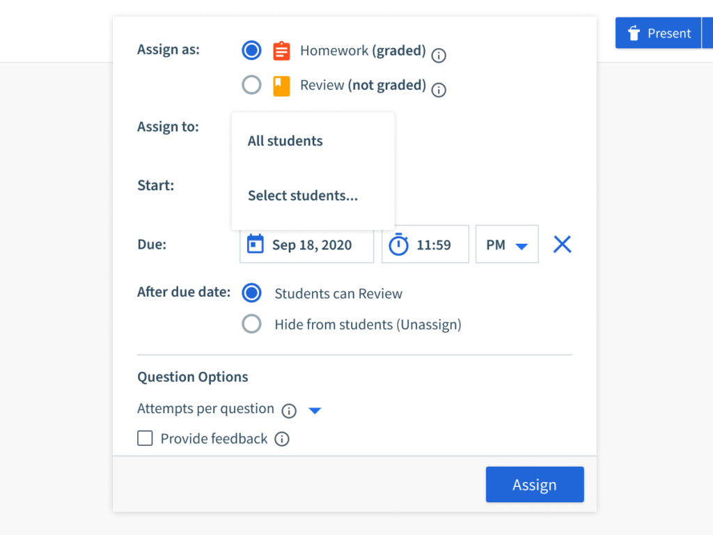 Modal that allows professors to customize assignments for specific learners.